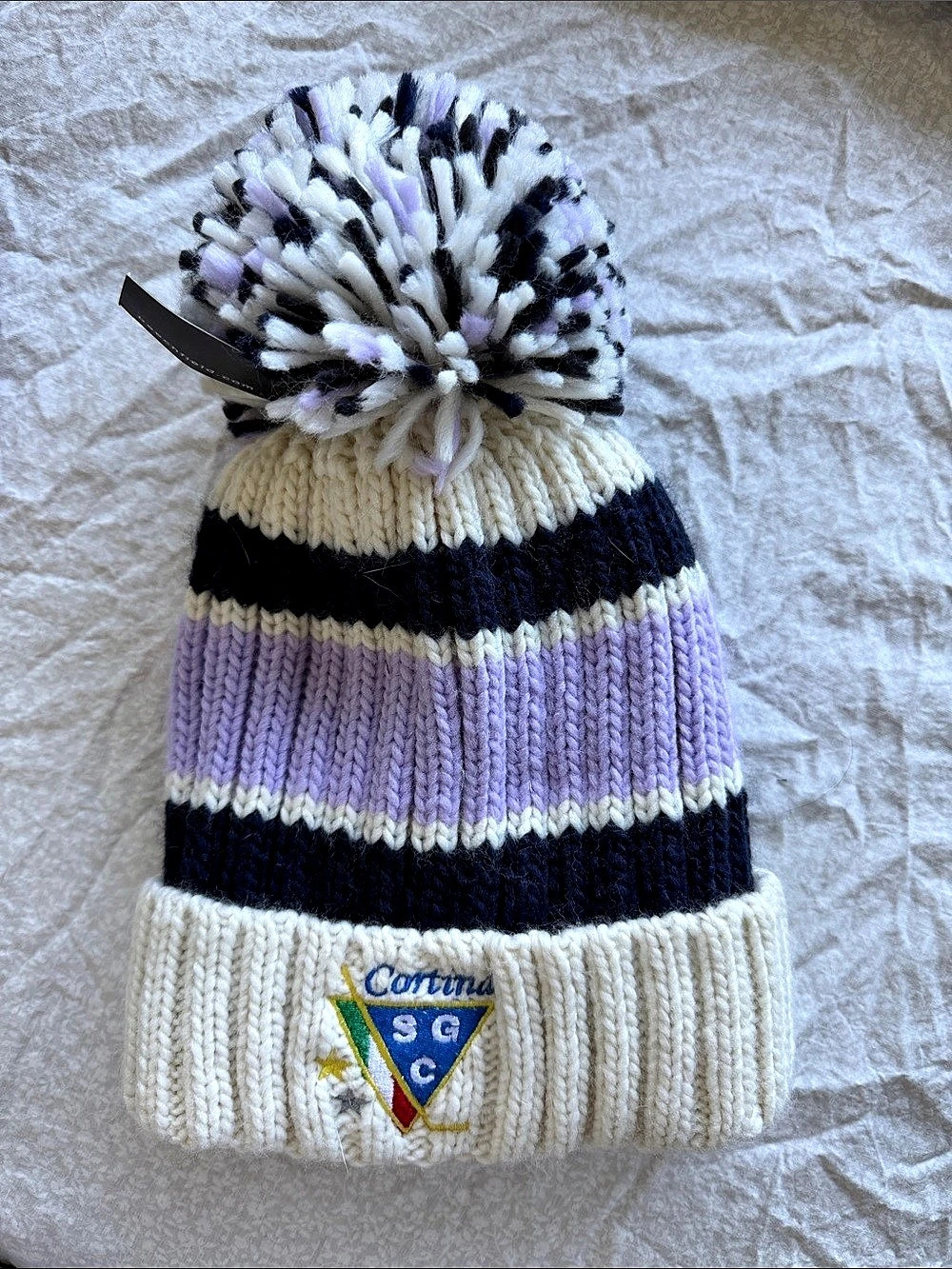 Beechfield Striped Pom Beanie Purple & White